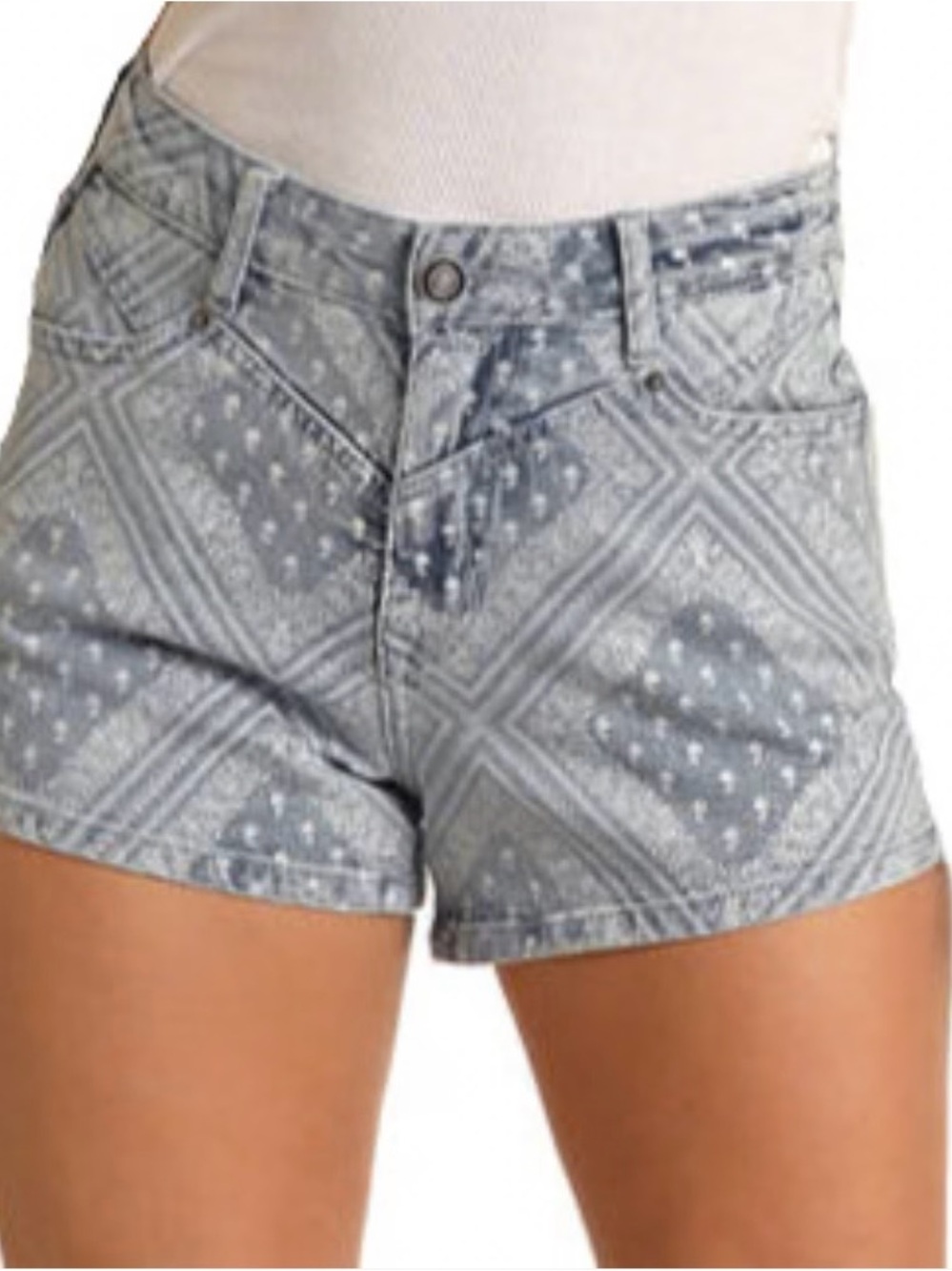 High-Rise Bandana Print Denim Shorts - Light Blue